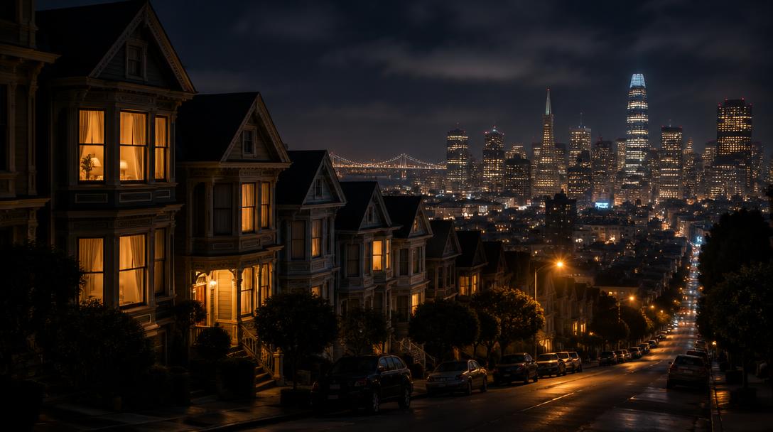 San Francisco Victorian houses glowing at night with the skyline behind
